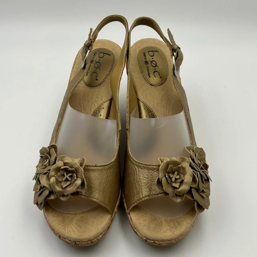 B.O.C. Born Concept Wedge Sandals Womens 10 Gold Floral Leather Cottagecore shoe